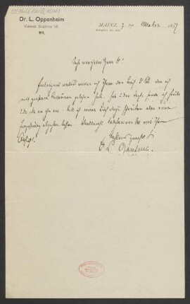 Brief an Ludwig Strecker <senior> und B. Schott's Söhne : 07.10.1897