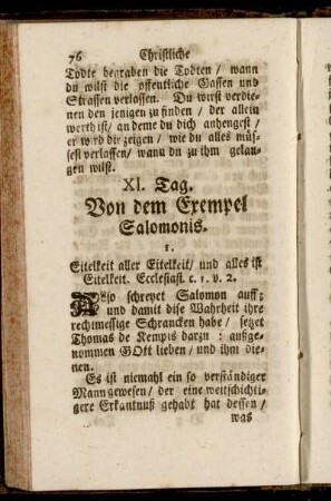 XI. Tag. Von dem Exempel Salomonis. - [XII.] Tag. Von der Eitelkeit der weltlichen Sachen.