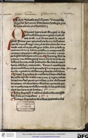 Incipit Manuale confessorum venerabilis magistri Johannis Nider, sacre theologie professoris, ordinis Predicatorum.