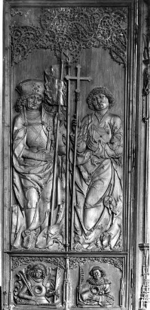Reliquienaltar : Reliquienaltar. Holz (vor 1518; Schule H. Backoffen). Linker Altarflügel mit männlichen Heiligen. Babenhausen Kreis Dieburg, Stadtpfarrkirche (Ehemals Sankt Nikolaus)
