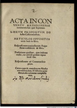 Acta in conventu Ratisbonensi ...