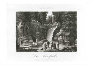 Der Amselfall : Arldt, Carl Wilhelm: Der Amselfall. Lithografie, koloriert; 72 x 112 cm. Dresden: Kupferstich-Kabinett A 133227, Sax. top. VII, A, 2, 43