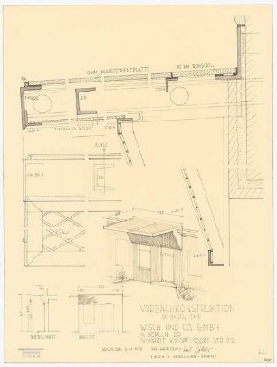 Maschinenfabrik Wisch und Co., Berlin-Spandau Erweiterungsbau: Vordachkonstruktion: Querschnitt, Ansicht, Axonometrie 1:50, Details 1:1