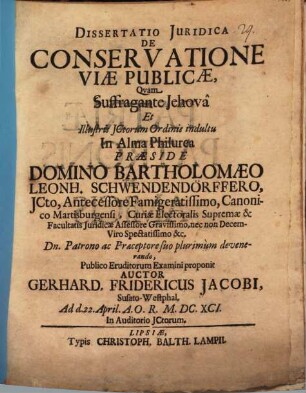 Dissertatio juridica de conservatione viae publicae