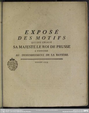 Exposé Des Motifs, Qui Ont Engagé Sa Majesté Le Roi De Prusse A S'Opposer Au Demembrement De La Bavière