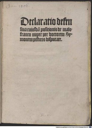 Declaratio defensiva cuiusdam positionis de malo franco : Leipzig 3.1.1500