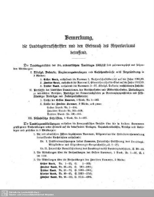 Übersicht : Bemerkung, die Landtagsdruckschriften und den Gebrauch des Repertoriums betreffend