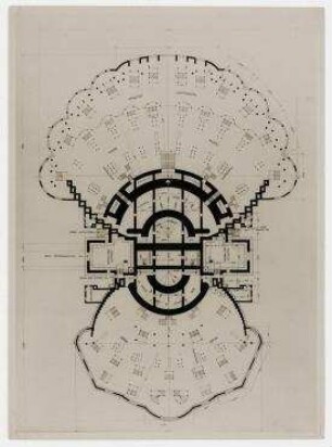 Palast der Sowjets. Zweiter Durchgang (offen). Grundriss des ersten Obergeschosses und der Fundamente