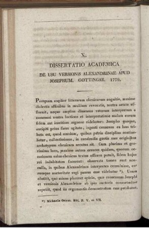 X. Dissertatio Academica de usu versionis Alexandrinae apud Josephum. Gottingae. 1779.