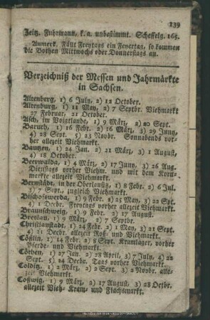 Verzeichniß der Messen und Jahrmärkte