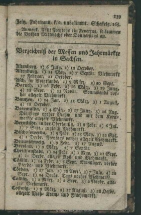 Verzeichniß der Messen und Jahrmärkte