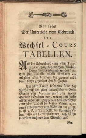 Nun folgt Der Unterricht vom Gebrauch der Wechsel-Cours Tabellen.