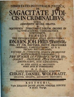 Diss. inaug. iur. de sagacitate iudicis in criminalibus