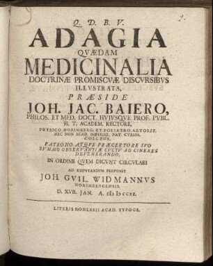 Adagia Quaedam Medicinalia Doctrinae Promiscuae Discursibus Illustrata