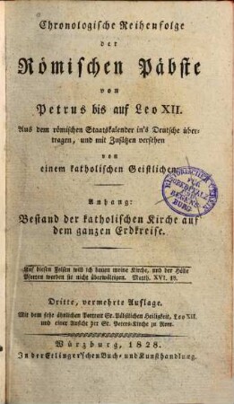 Chronologische Reihenfolge der römischen Päpste von Petrus bis auf Leo XII.