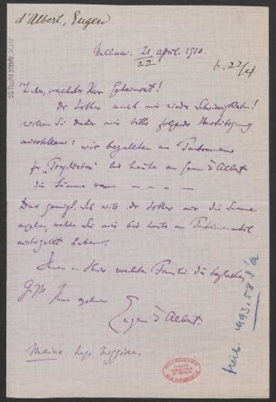 Brief an Ludwig Strecker  : 21.04.1910