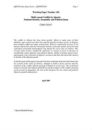 Multi-causal conflict in Algeria : national identity, inequality and political Islam