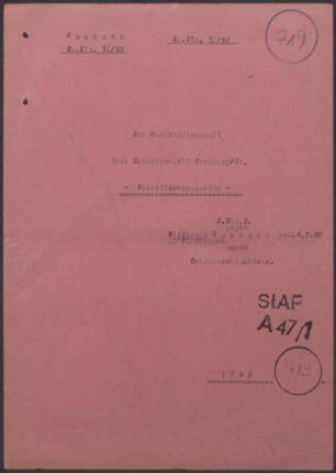 Angeklagte: Baumann, Willibald (Stanzer); Dauchingen *06.07.1880 in Dauchingen; + ? Baumann, Rudolf (Fabrikarbeiter); Dauchingen *16.04.1902 in Dauchingen; + ? Delikt: Verbrechen gegen die Kriegswirtschaftsverordnung Schwarzschlachtung Tatort: Dauchingen Tatzeit: Dezember 1941-Januar 1942