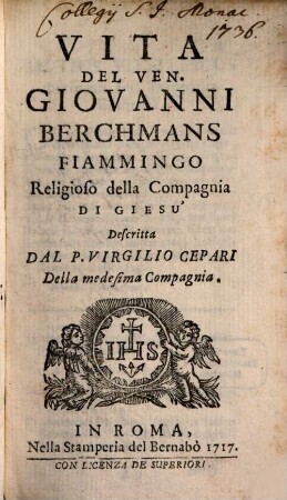 Vita del venerabile ... Giovanni Berchmans