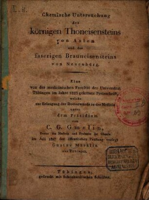 Chemische Untersuchung des körnigen Thoneisensteins von Aalen und des faserigen Brauneisensteins von Neuenbürg : eine ... gekrönte Preisschrift