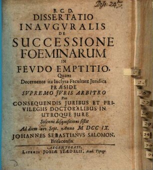 Diss. inaug. de successione foeminarum in feudo emptitio