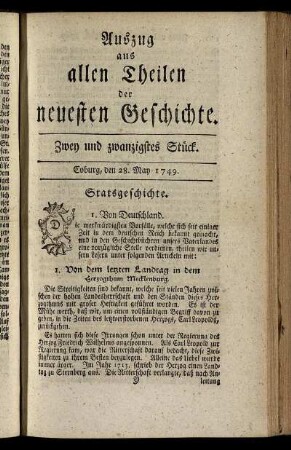 Zwey und zwanzigstes Stück. Coburg, den 28. May. 1749.