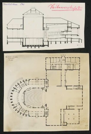 Gautheater Westmark (auch: Grenzlandtheater Saarpfalz, Saarländisches Staatstheater), Saarbrücken: Grundriss und Längsschnitt