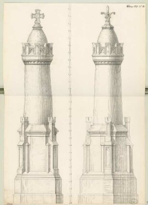 Gefallenendenkmal, Jauer Monatskonkurrenz März 1877: 2 Varianten: Aufriss Vorderansicht; Maßstabsleiste