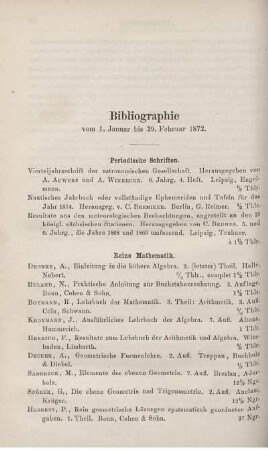 Bibliographie vom 1 Januar bis 29. Februar 1872.