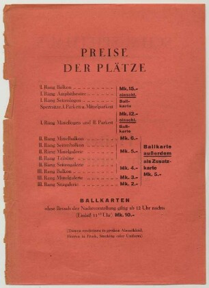 Prospekt "Heitere Nachtvorstellung mit anschließendem Ball" am 6. April 1929 "Zu Gunsten der Wohlfahrtskassen der Genossenschaft Deutscher Bühnenangehörigen unter Mitwirkung des gesamten Solopersonals der beiden Staatstheater". Einlegeblatt Rückseite in: Programmheft Sächsische Staatstheater, Schauspielhaus Dresden. 15.03.1929. Druck; 21,8 x 16 cm. Dresden: SLUB Z.4.8