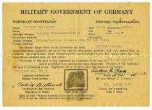 Zeitweilige Registrierkarte der amerikanischen Militärregierung für Gertrud Billhardt