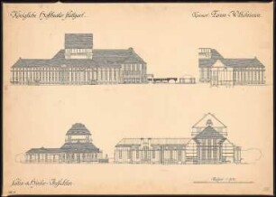 Hoftheater, Stuttgart: Seitenansichten und Teilschnitt des großen und kleinen Theaters 1:200