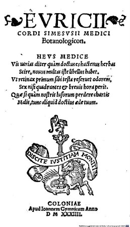 Evricii Cordi Simesvsii Medici Botanologicon