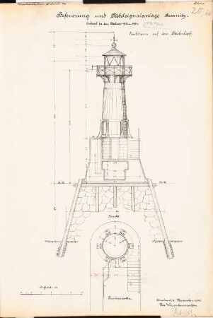 Befeuerung und Nebelsignalanlage, Sassnitz: Leuchtturm auf dem Molenkopf: Ansicht, Grundriss 1:50