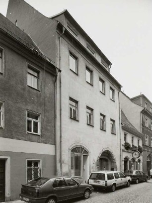 Pirna, Wohnhaus : Pirna. Wohnhaus mit Laden. Schmiedestraße 45. Um 1550 (19. Jahrhundert). Straßenansicht