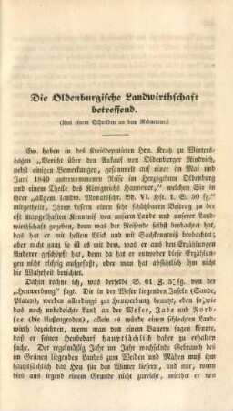 Die Oldenburgische Landwirthschaft betreffend.