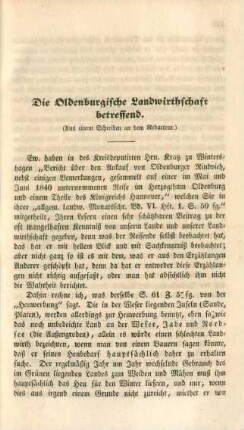 Die Oldenburgische Landwirthschaft betreffend.