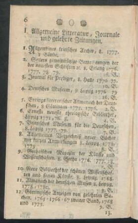 I. Allgemeine Litteratur, Journale und gelehrte Zeitungen