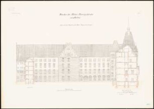 Polizeidienstgebäude, Stettin: Hofansicht mit Querschnitten 1:100