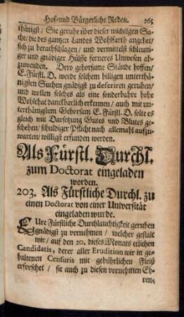 Als Fürstl. Durchl. zum Doctorat eingeladen worden. 203. - 205.