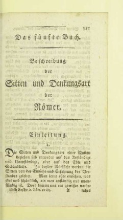 Das fünfte Buch. Beschreibung der Sitten und Denkungsart der Römer