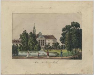 Ansicht aus einem Park in oder vor Leipzig, Umrissradierung, 1800 : Am Teiche im Park. - [S.l.] , [um 1800]. - 1 Kunstbl. : kol. Umrissradierung ; 19 x 12 cm Oben rechts: No. 10