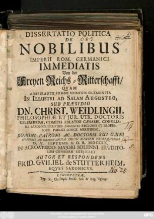 Dissertatio Politica De Nobilibus Imperii Rom. Germanici Immediatis
