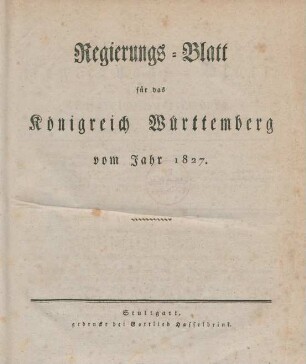1827: Regierungsblatt für das Königreich Württemberg