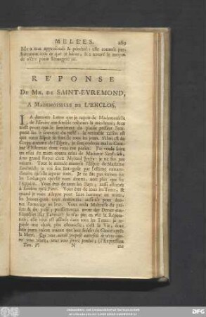 Réponse De Mr. De Saint-Evremond, A Mademoiselle De L'Enclos.