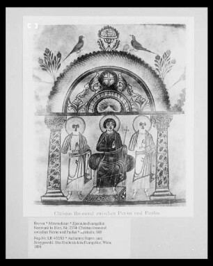 Ejmiacin-Evangeliar. Noravank in Blen, Nr. 2374: Christus thronend zwischen Petrus und Paulus