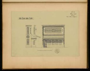 Pianino Monatskonkurrenz Juni 1875: Aufriss Vorderansicht, Seitenansicht, Teilschnitt; Maßstabsleiste