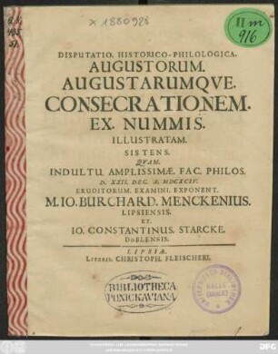Disputatio. Historico-Philologica. Augustorum. Augustarumque. Consecrationem. Ex. Nummis. Illustratam. Sistens.