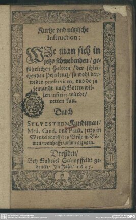 Instruction, sich vor der Pestilenz zu präserviren