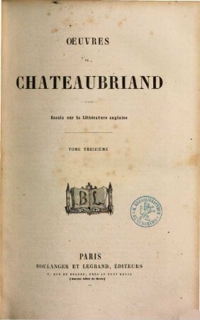 Oeuvres de Chateaubriand, 13. Essais sur la littérature anglaise